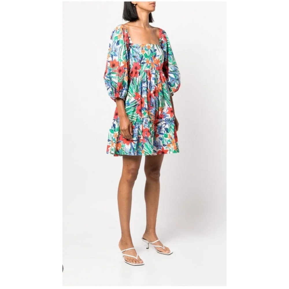 Cara Cara Sip Sip Garden Print Colorful Puff Sleeve Floral Mini Dress Ruffle S